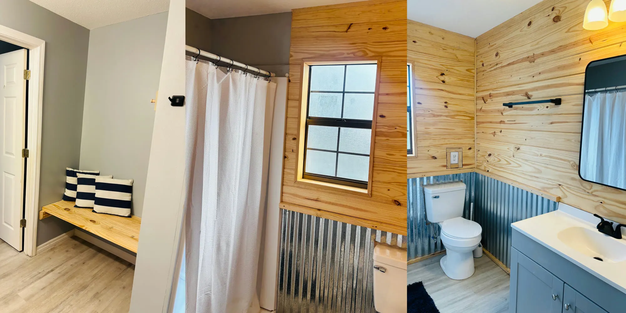 Inside the Swamp House bathhouse: pine-plank walls, corrugated metal wainscoting, a private shower and a vanity