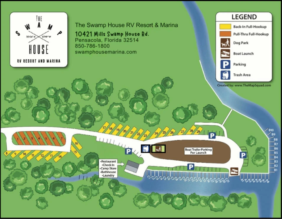 Swamp House site map showing pull-through and back-in RV sites, the boat launch, dog park, parking, and the A, B, and C boat docks